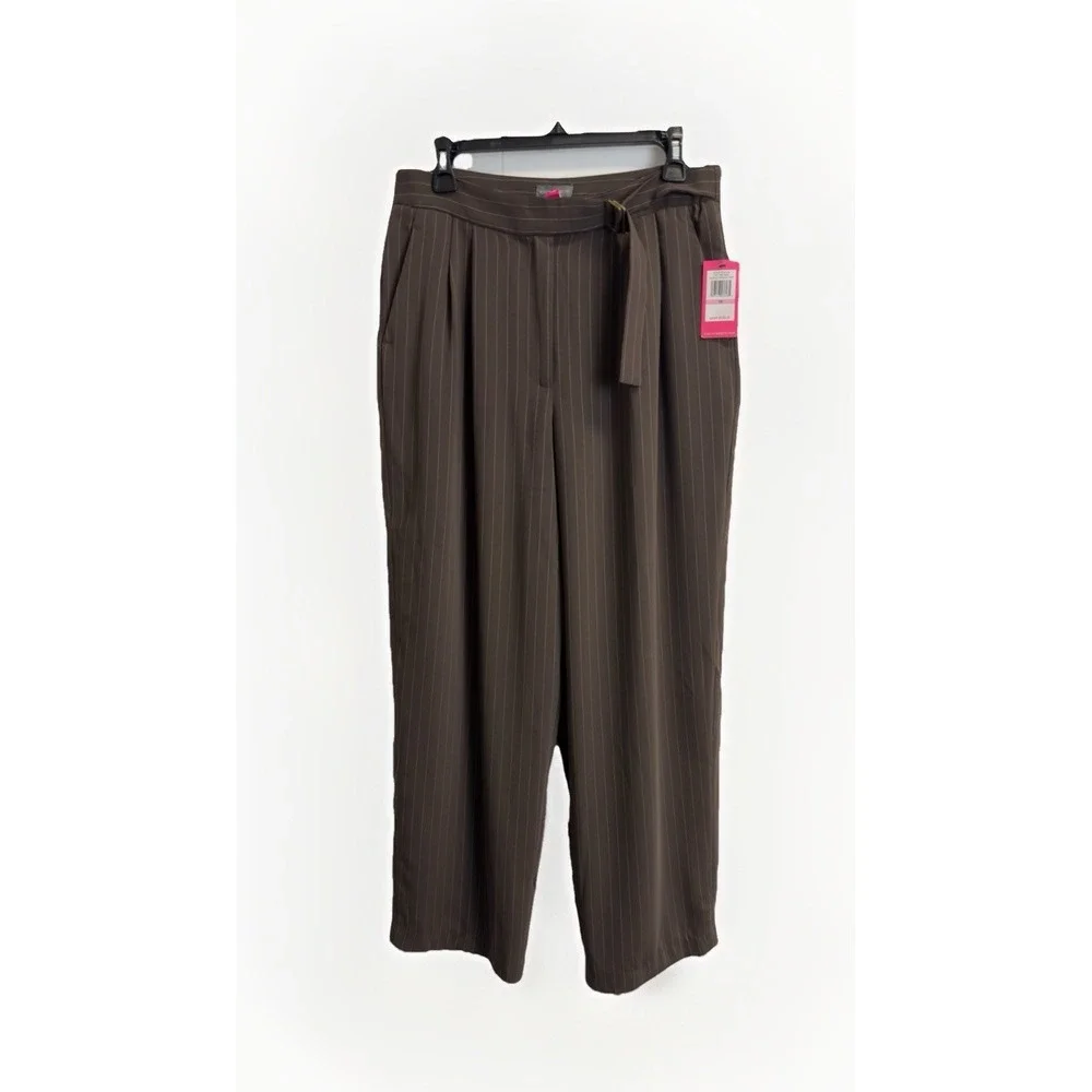 NEW Vince Camuto Women's Pleated Belted Trousers Size 10 Brown Pinstripe Pockets